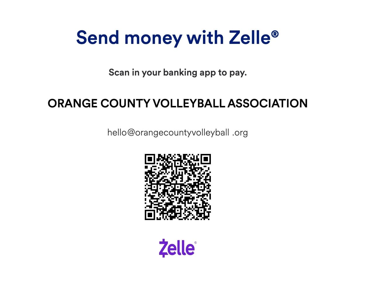 Zelle QR code for San Diego Volleyball Association - scan in your banking app to donate